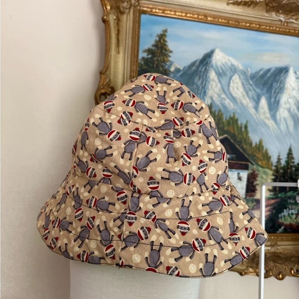 Vintage Handmade Cotton Beige Bucket Hat with Sock Monkey Print